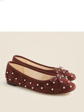 J.Crew Andi Ballet Flats in Beaded Suede – Brown Embellished Shoes 9.5 EUC